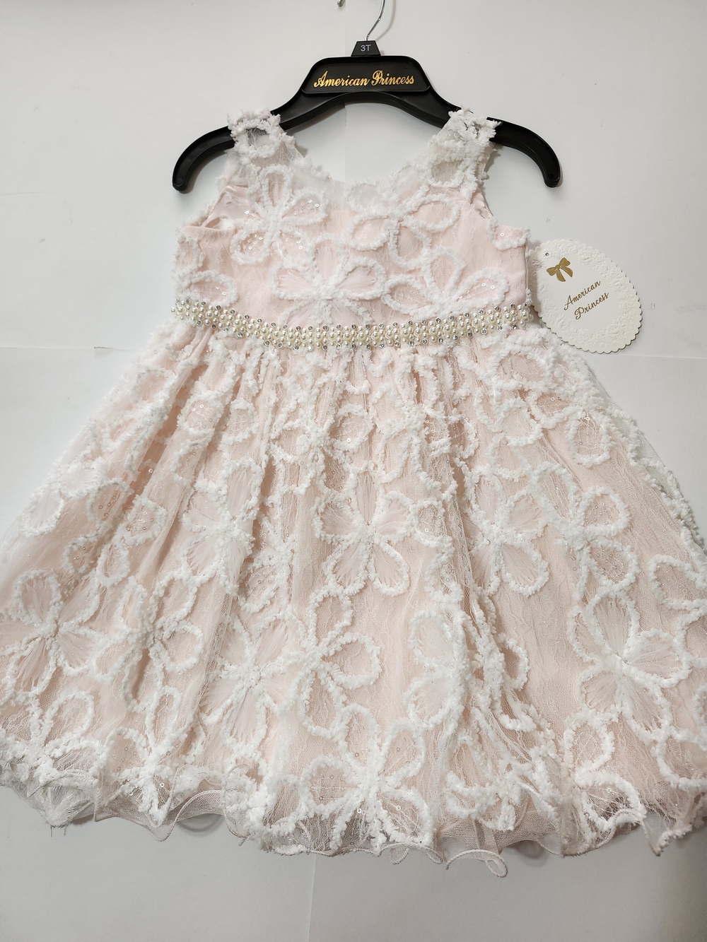 American Princess Light Pink Floral Lace Party Dress with Pearl Waistband
